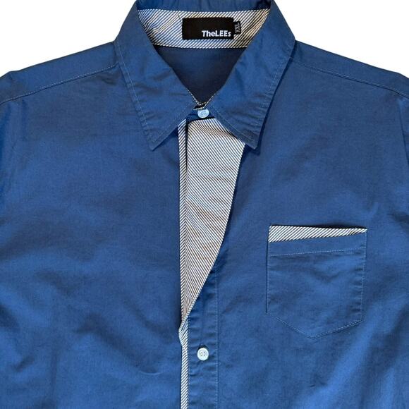 Blue Button Down Dress Shirt Mens Large Fitted Lapel Cuff Accent Going Out Chic - Picture 2 of 12